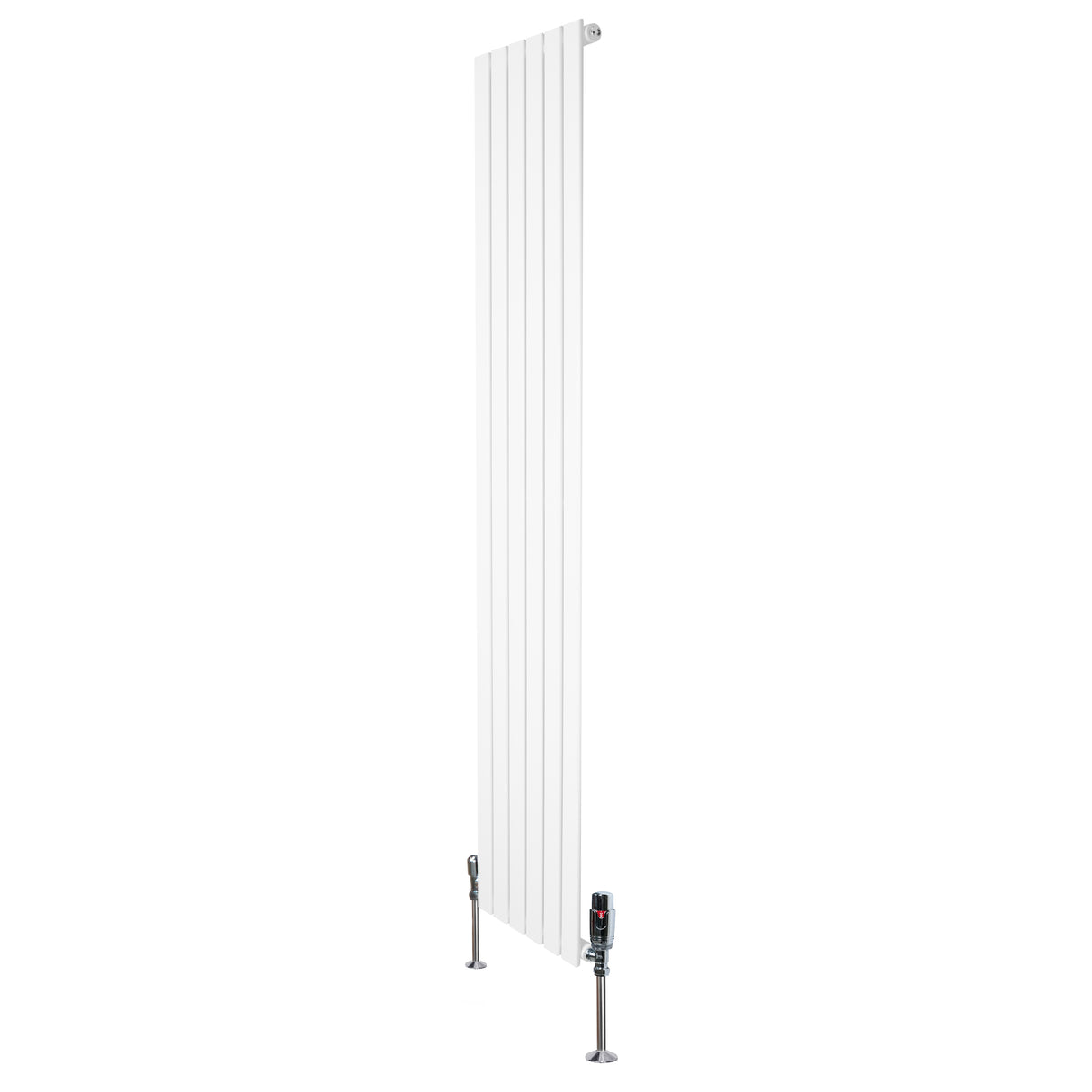 Radiatore piatto monocolonna bianco, 1800 x 420 mm, con finitura liscia e valvole in metallo lucido, design elegante e moderno