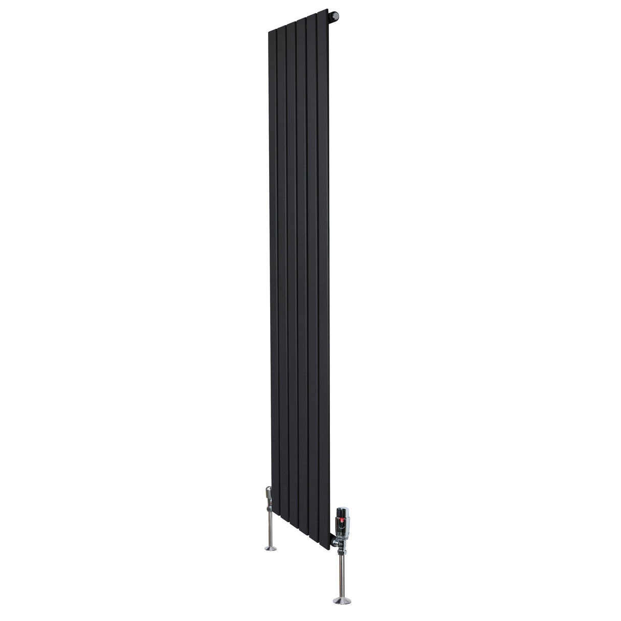 Radiatore piatto monocolonna nero, 1800 x 420 mm, con finitura liscia e valvole integrate, ideale per ambienti moderni