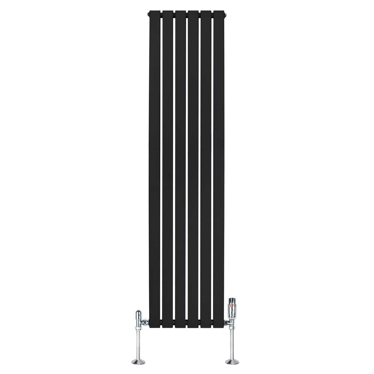Radiatore piatto monocolonna nero, 1800 x 420 mm, con finitura liscia e valvole cromate, ideale per spazi moderni e minimalisti