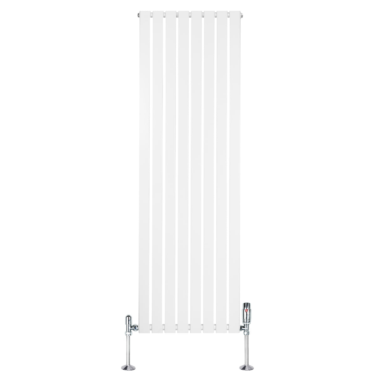 Radiatore piatto monocolonna bianco, dimensioni 1800 x 560 mm, con finitura liscia e valvole cromate ai lati per un design moderno