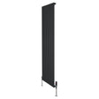 Radiatore piatto monocolonna nero, dimensioni 1800 x 560 mm, con finitura liscia e valvole in metallo lucido, design moderno e elegante