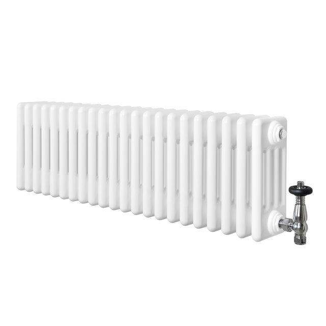 Radiatore tradizionale a 4 colonne, bianco lucido, lungo 1010 mm, con valvole in metallo, design elegante e classico per riscaldamento efficace