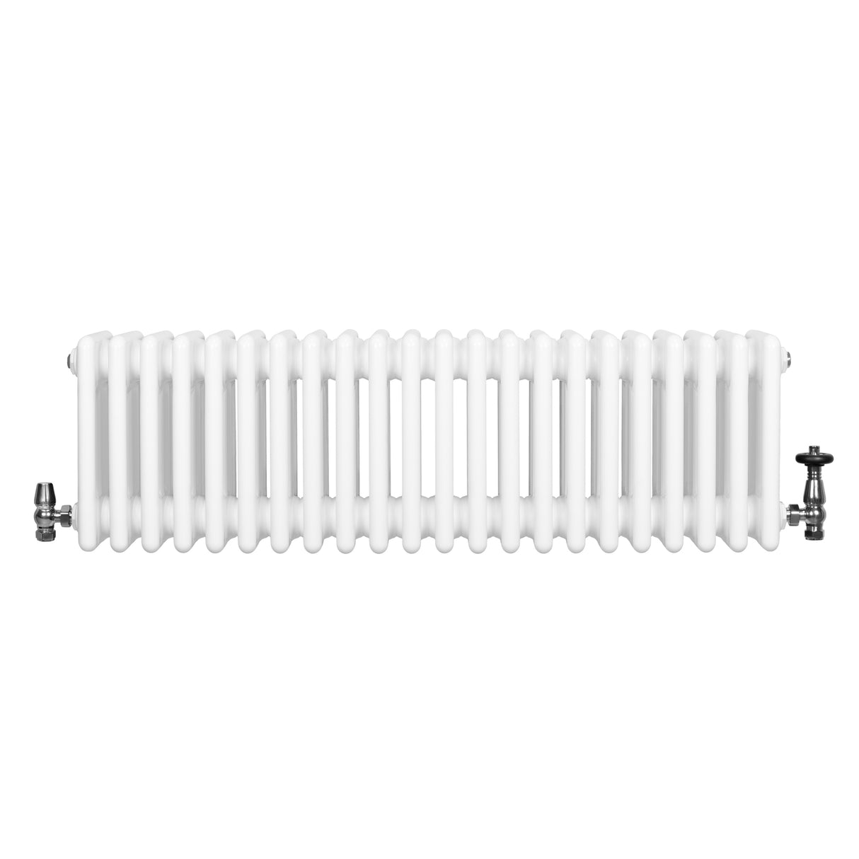 Radiatore tradizionale bianco a 4 colonne, 300 x 1010 mm, con valvole metalliche lucide e finitura liscia e moderna