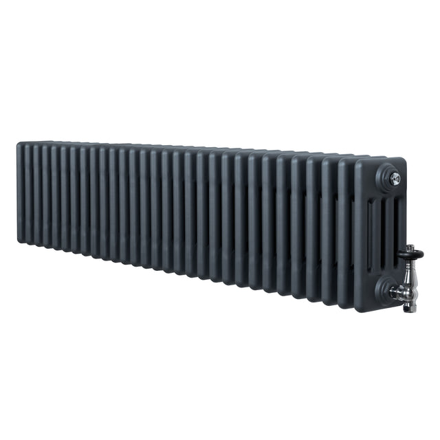 Radiatore tradizionale a 4 colonne in grigio antracite, con finitura liscia e valvole metalliche, lungo 1370 mm e alto 300 mm