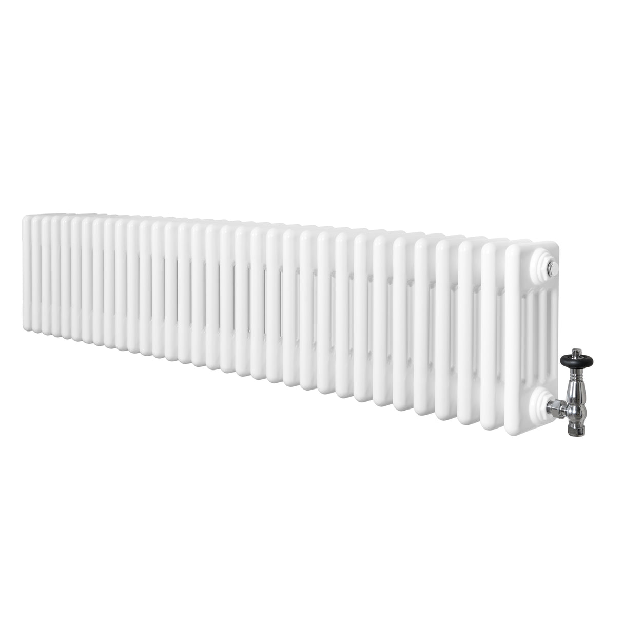 Radiatore tradizionale bianco a 4 colonne, lungo 1505 mm, con valvole, design elegante e superficie liscia per un'ottima efficienza termica
