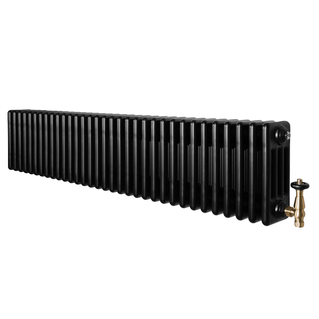 Radiatore tradizionale a 4 colonne, 300 x 1505 mm, finitura nera lucida, con valvole in ottone e design elegante e lineare