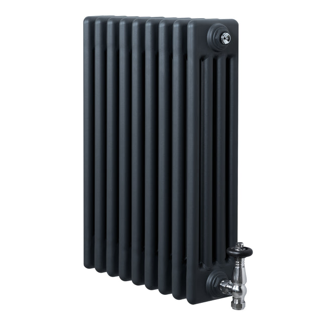 Radiatore tradizionale a 4 colonne in grigio antracite, con finitura liscia e valvole metalliche lucide, dimensioni 600 x 425 mm