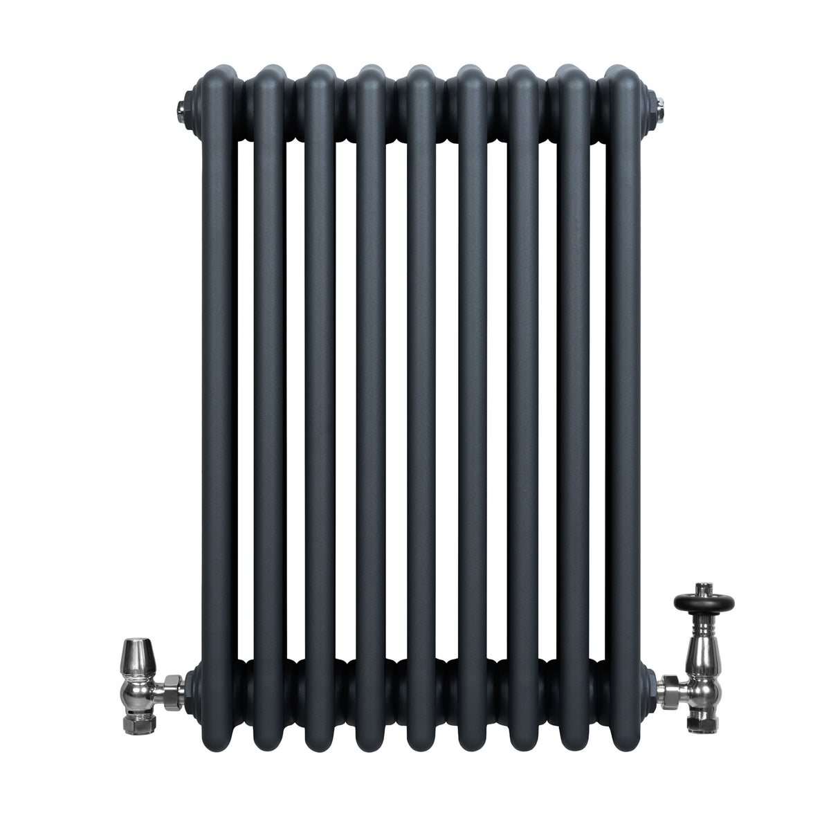 Radiatore tradizionale a 4 colonne in grigio antracite, con finitura liscia e valvole metalliche lucide, misura 600 x 425 mm