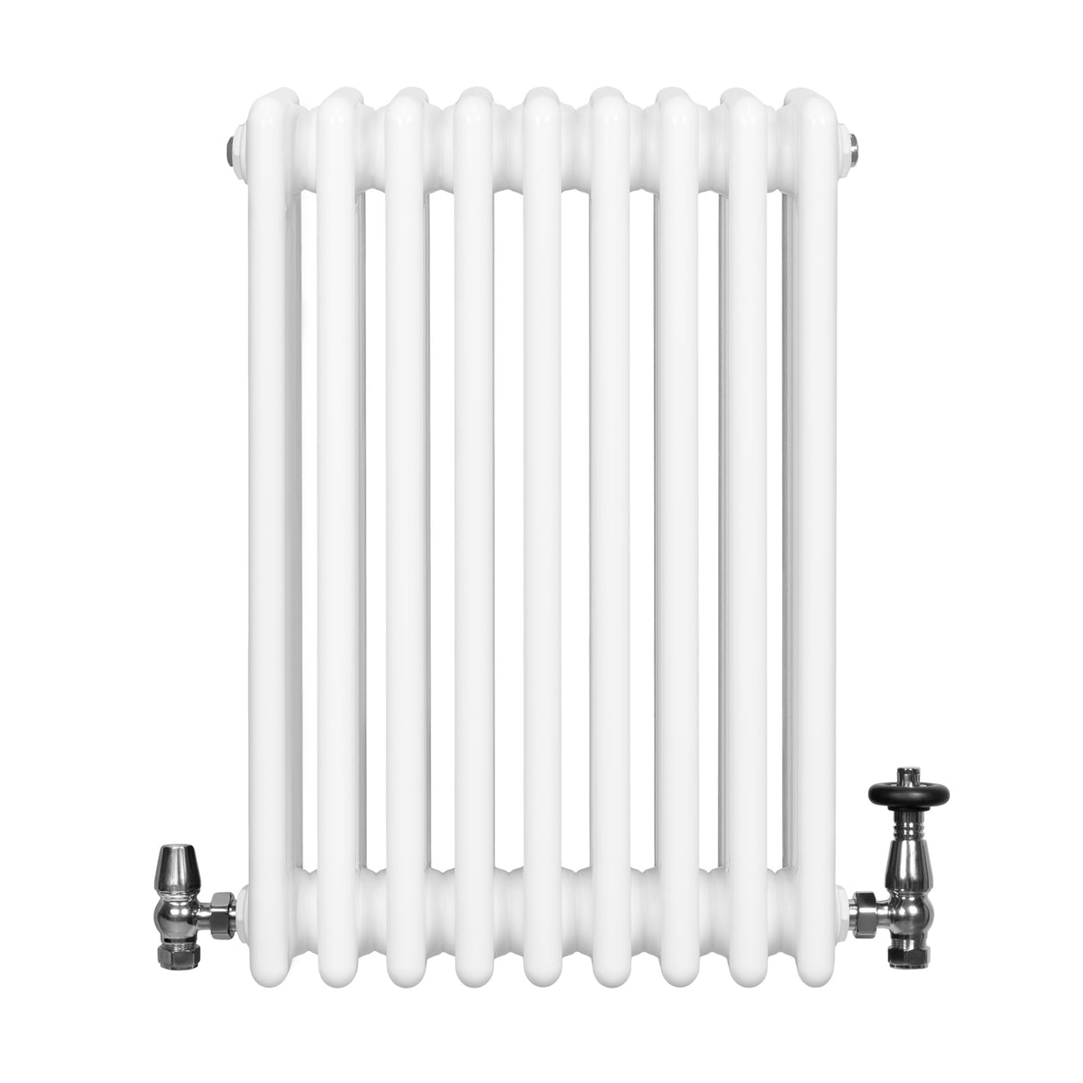 Radiatore tradizionale a 4 colonne, bianco lucido, con valvole metalliche, design elegante e linee pulite, dimensioni 600 x 425 mm
