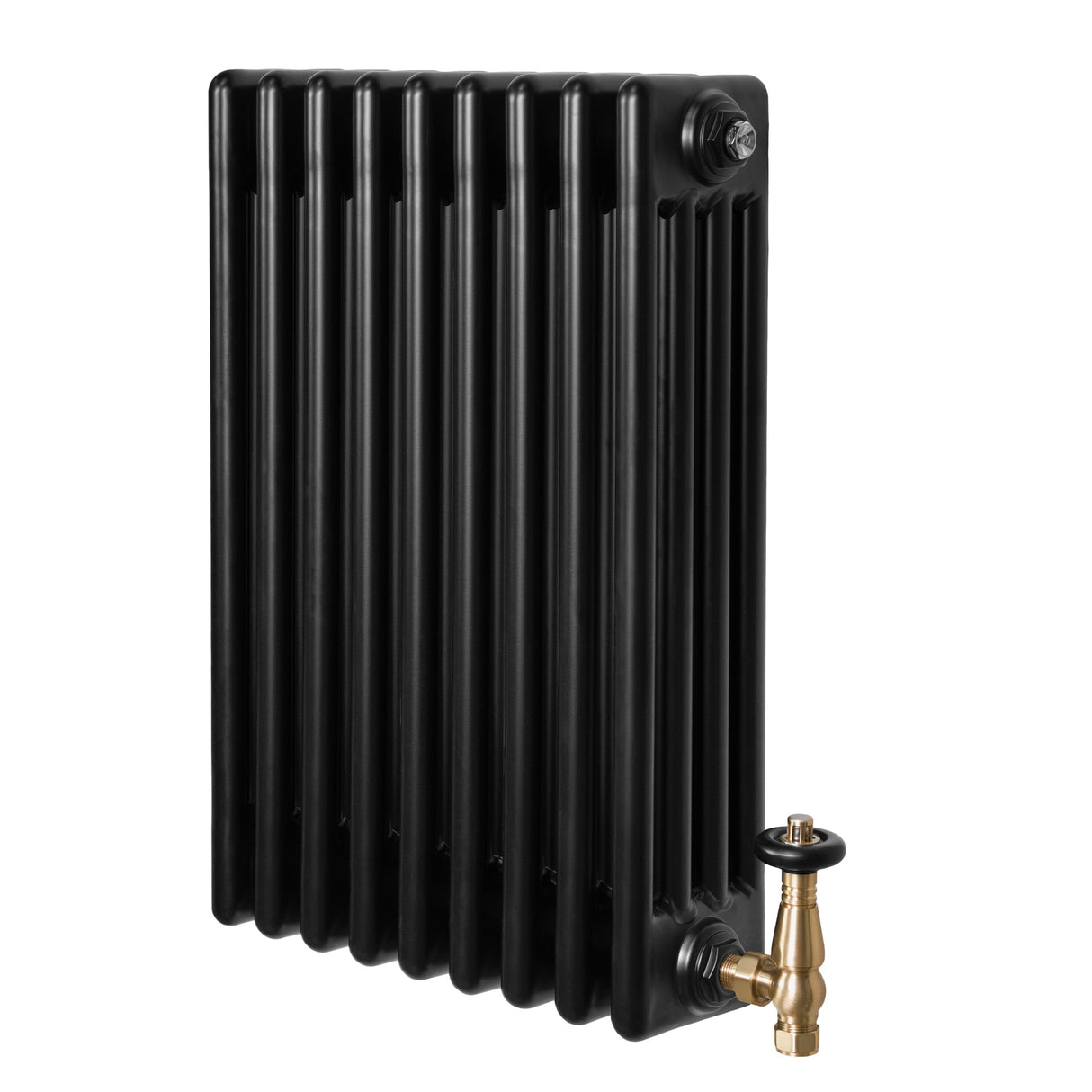 Radiatore tradizionale a 4 colonne, finitura nera lucida, con valvole in ottone, design elegante e linee classiche, dimensioni 600 x 425 mm