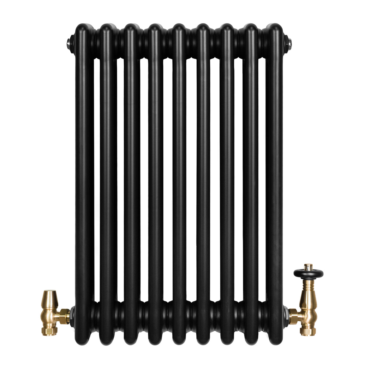 Radiatore tradizionale a 4 colonne, 600 x 425 mm, finitura nera lucida con valvole in ottone, design elegante e funzionale