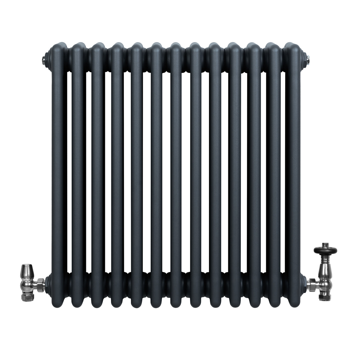 Radiatore tradizionale a 4 colonne in grigio antracite, con finitura liscia e valvole metalliche, dimensioni 600 x 605 mm
