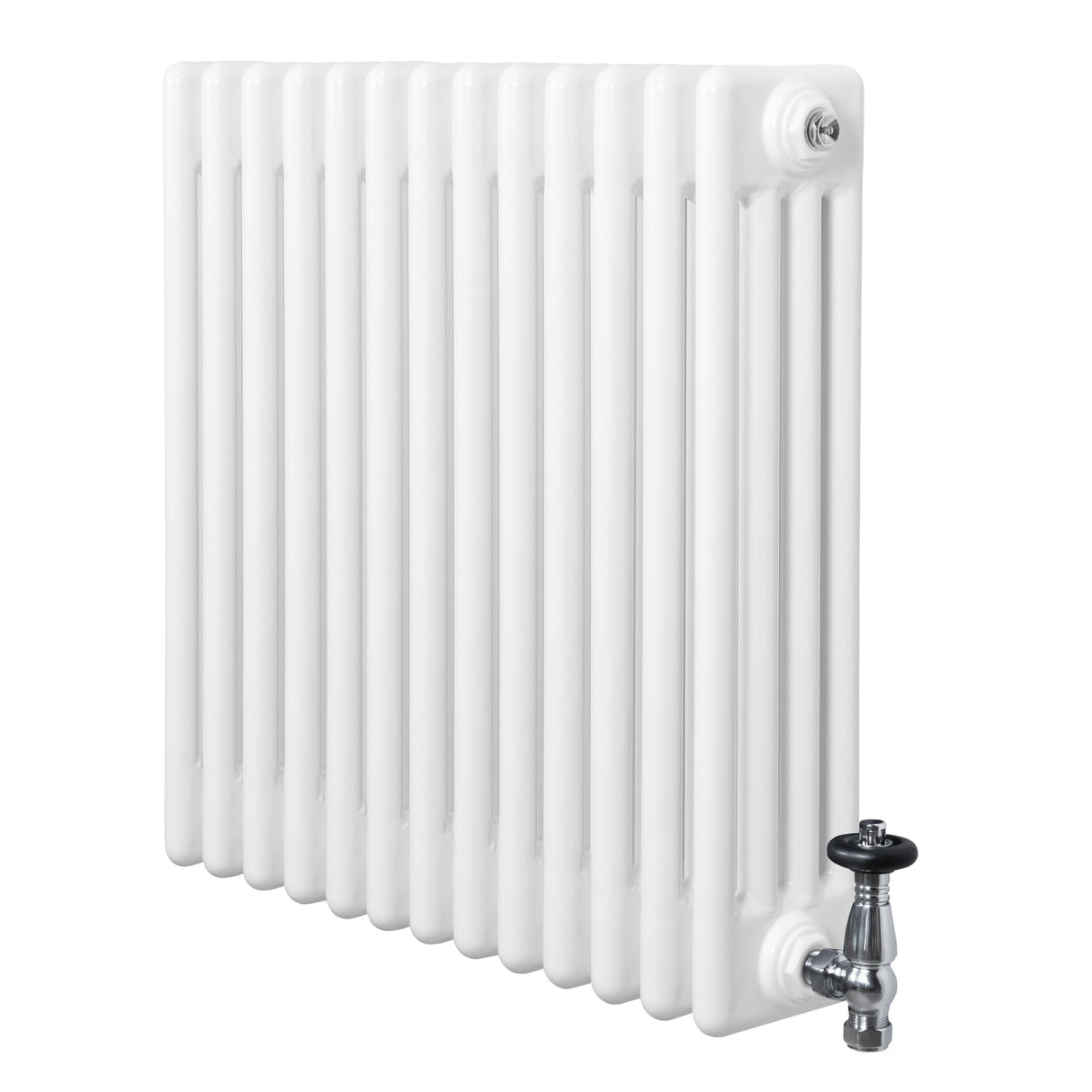 Radiatore tradizionale a 4 colonne, bianco lucido, con valvola cromata, design elegante e dimensioni 600 x 605 mm