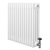 Radiatore tradizionale a 4 colonne, bianco lucido, con valvola cromata, design elegante e dimensioni 600 x 605 mm