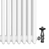 Radiatore tradizionale a 4 colonne, bianco lucido, con valvola nera, design elegante e linee pulite, dimensioni 600 x 605 mm