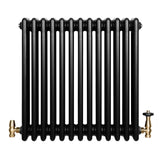 Radiatore tradizionale a 4 colonne, finitura nera lucida, con valvole in ottone, design elegante e linee classiche, dimensioni 600 x 605 mm