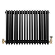 Radiatore tradizionale orizzontale a 4 colonne, finitura nera lucida, con valvole dorate, design elegante e linee curve
