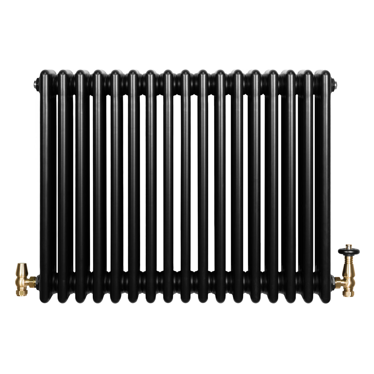 Radiatore tradizionale orizzontale a 4 colonne, finitura nera lucida, con valvole dorate, design elegante e linee curve