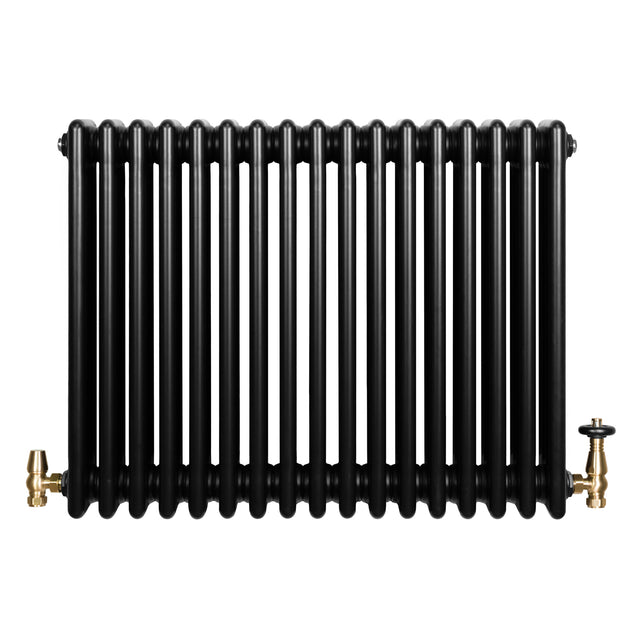 Radiatore tradizionale orizzontale a 4 colonne, finitura nera lucida, con valvole dorate, design elegante e linee curve