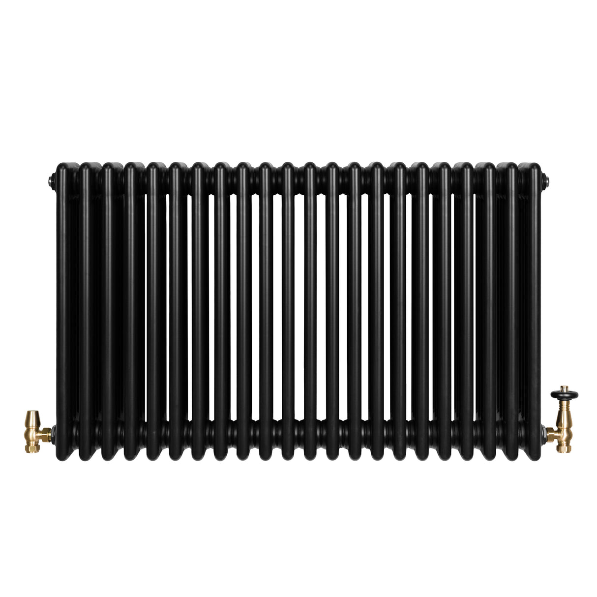 Radiatore tradizionale orizzontale a 4 colonne, finitura nera lucida, con valvole in ottone, design elegante e robusto