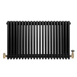 Radiatore tradizionale orizzontale a 4 colonne, finitura nera lucida, con valvole in ottone, design elegante e robusto