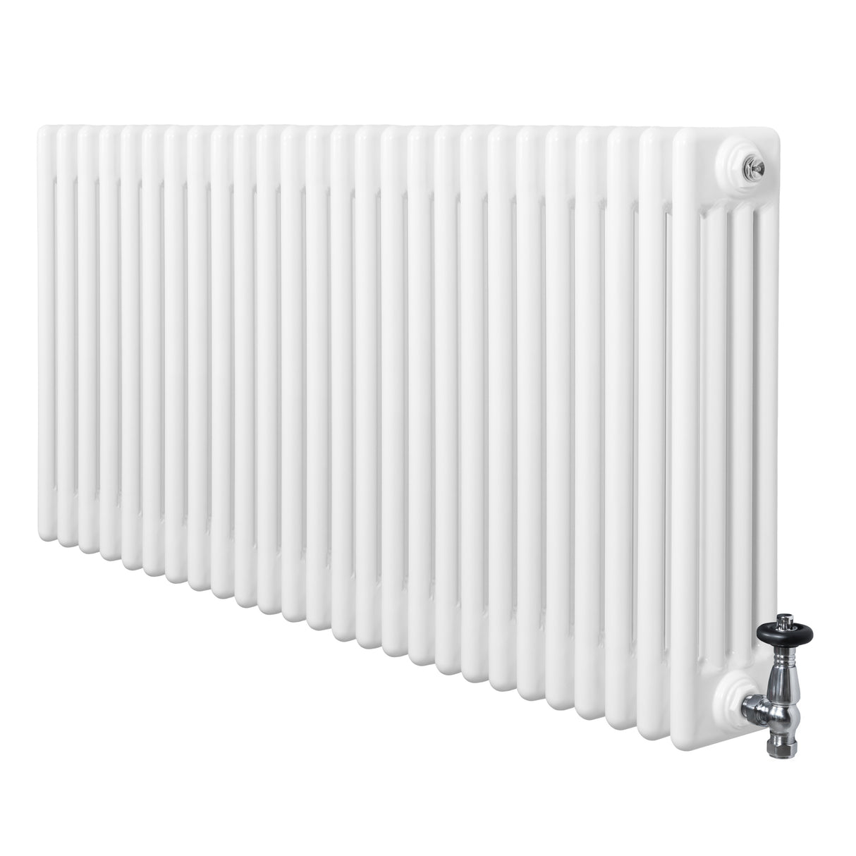 Radiatore tradizionale orizzontale a 4 colonne, bianco lucido, con valvole in metallo, design elegante e linee pulite per interni moderni