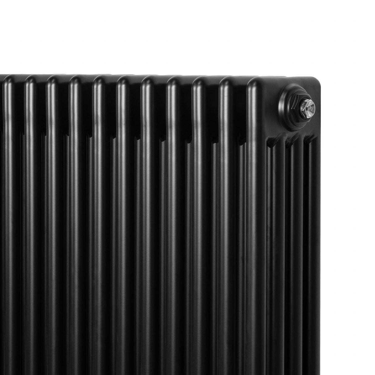Radiatore tradizionale orizzontale a 4 colonne, finitura nera lucida, con valvole, dimensioni 600 x 1190 mm, design elegante e moderno