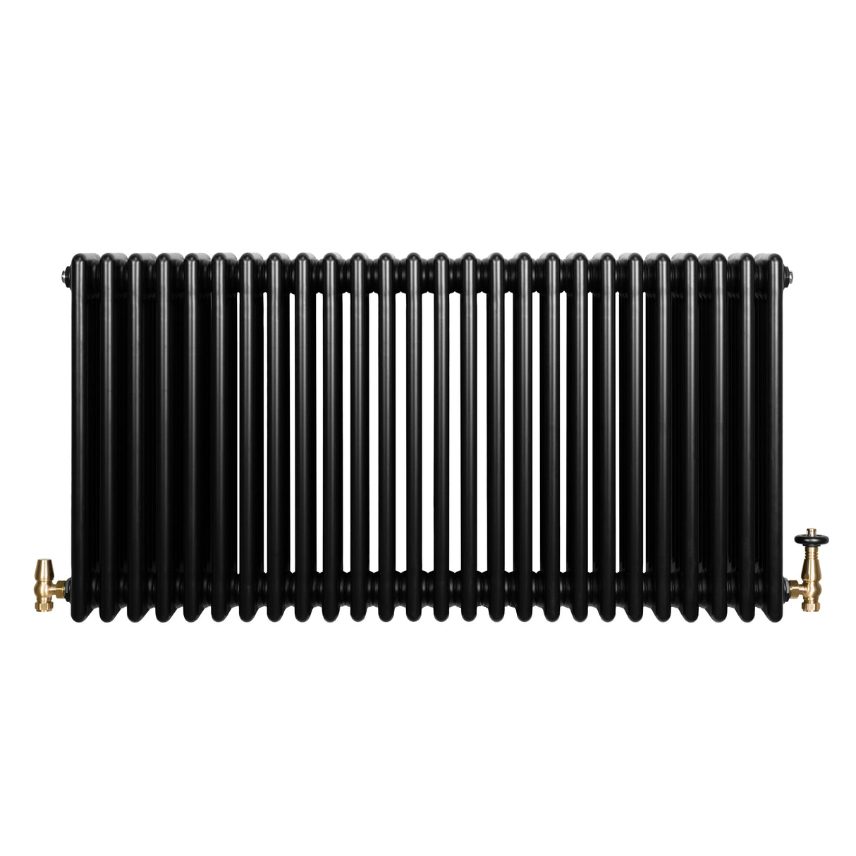 Radiatore tradizionale orizzontale a 4 colonne, finitura nera lucida, con valvole dorate, design elegante e moderno per riscaldamento efficace