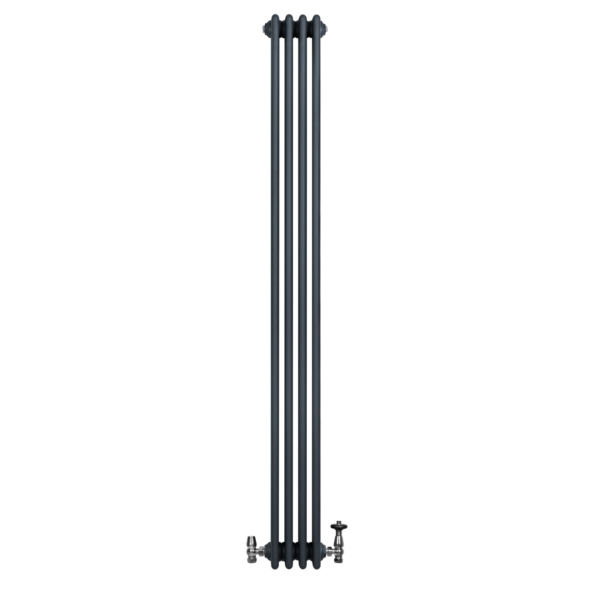 Radiatore tradizionale verticale a 4 colonne, finitura grigio antracite, con valvole, design elegante e moderno, ideale per riscaldamento