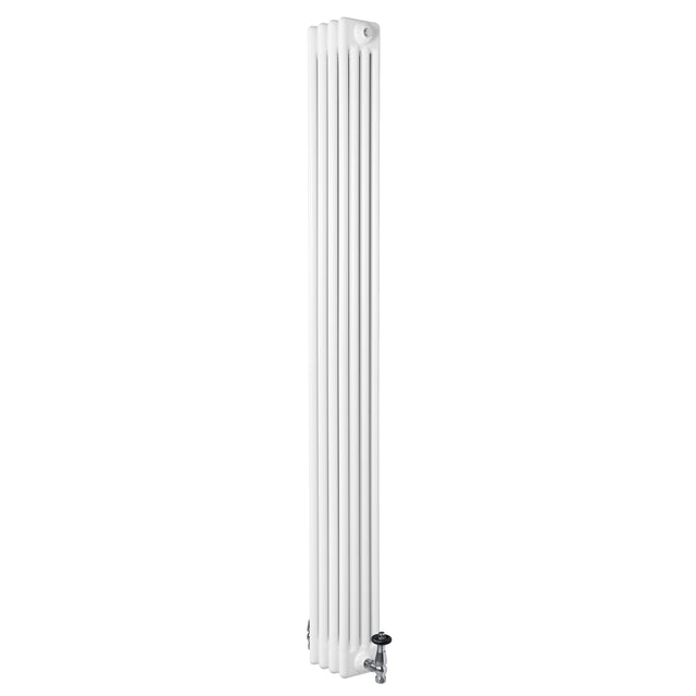 Radiatore verticale a 4 colonne, finitura bianca lucida, misura 1800 x 200 mm, con valvole per un design elegante e funzionale