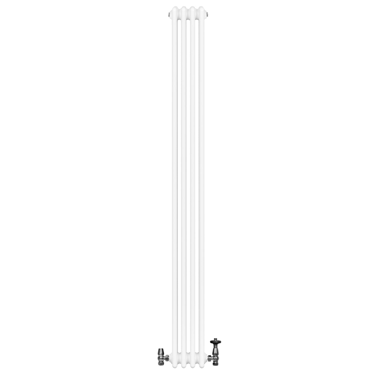 Radiatore tradizionale verticale a 4 colonne, finitura bianca lucida, con valvole, dimensioni 1800 x 200 mm, design elegante e funzionale
