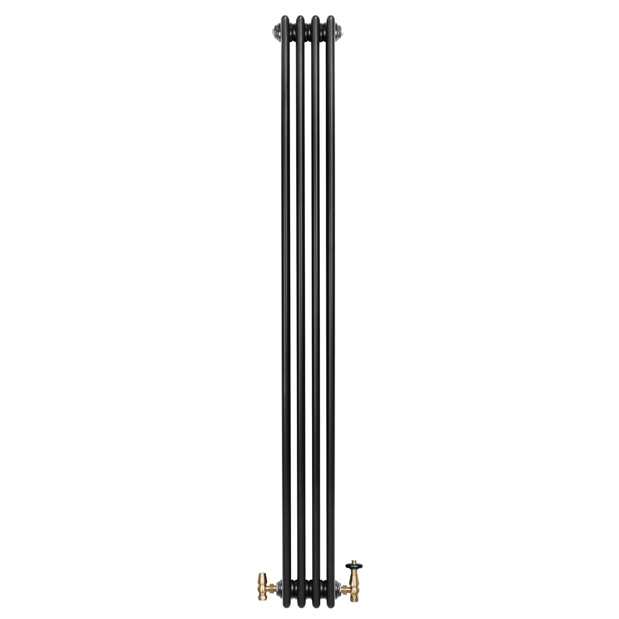 Radiatore tradizionale verticale a 4 colonne, finitura nera lucida, con valvole in ottone, design elegante e moderno per riscaldamento efficace