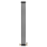 Radiatore tradizionale verticale a 4 colonne, finitura nera lucida, con valvole in ottone, design elegante e moderno per riscaldamento efficace