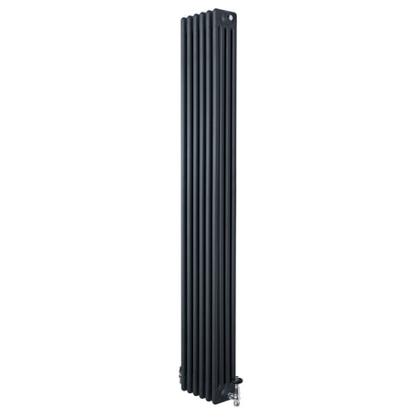 Radiatore tradizionale verticale a 4 colonne, grigio antracite, con finitura liscia e valvole, dimensioni 1800 x 290 mm