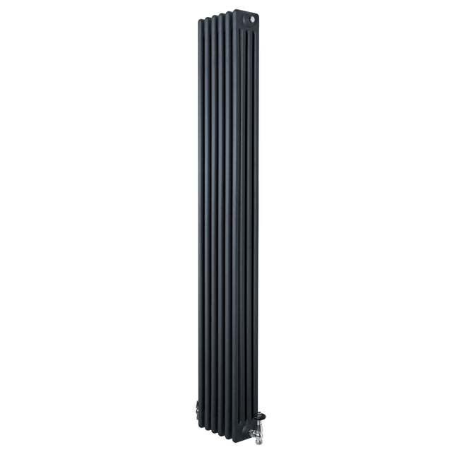 Radiatore tradizionale verticale a 4 colonne, grigio antracite, con finitura liscia e valvole, dimensioni 1800 x 290 mm