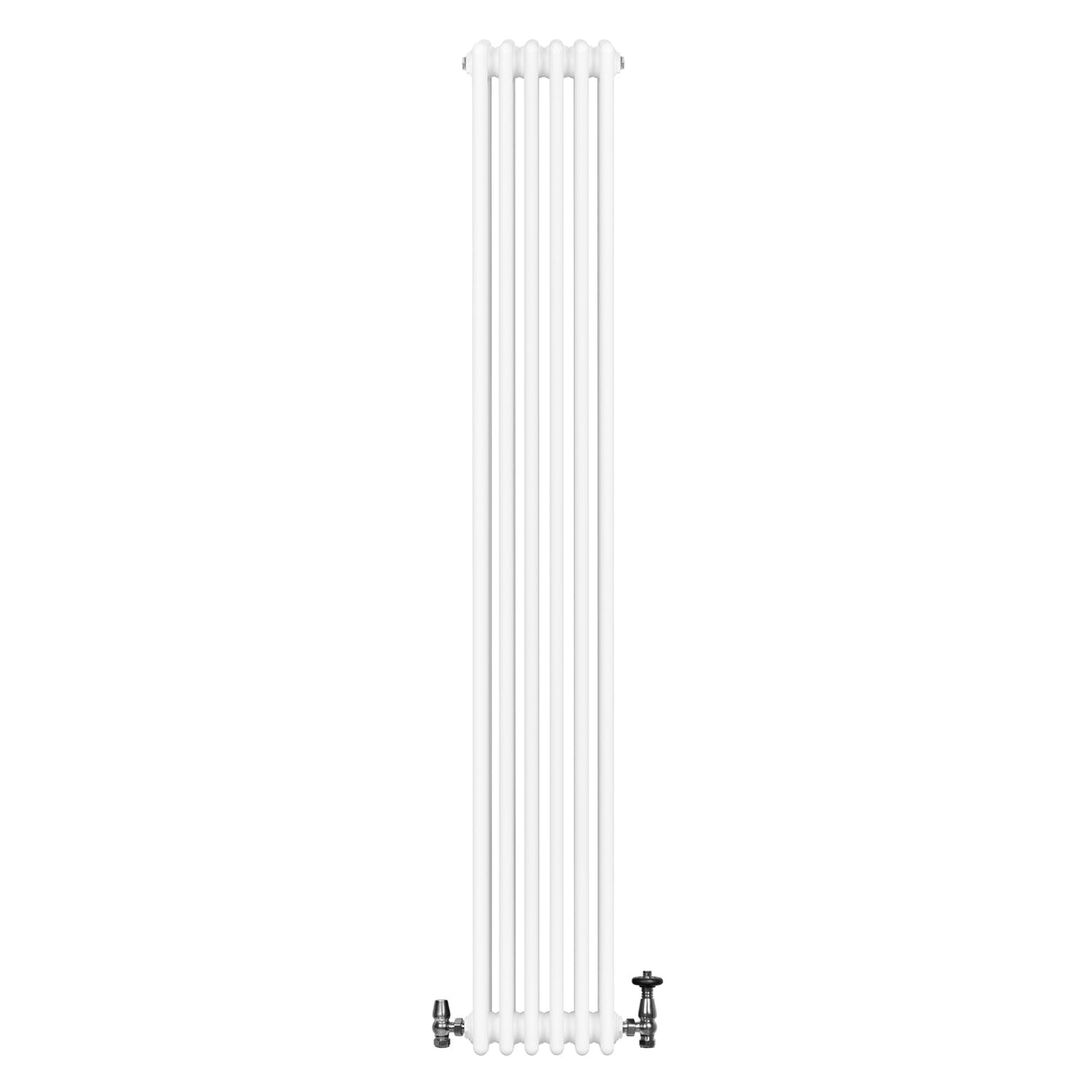 Radiatore tradizionale verticale a 4 colonne, finitura bianca lucida, con valvole, dimensioni 1800 x 290 mm, design elegante e funzionale