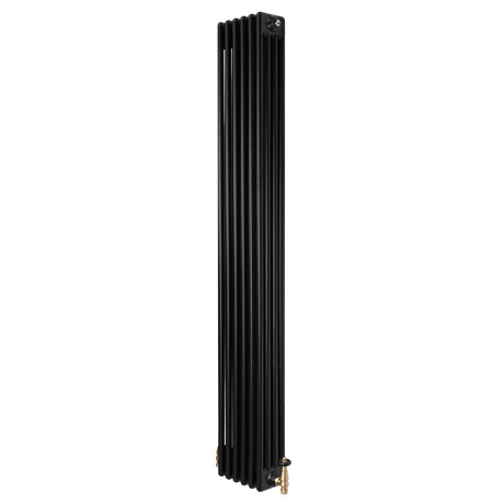 Radiatore tradizionale verticale a 4 colonne, finitura nera opaca, dimensioni 1800 x 290 mm, con valvole in ottone lucido