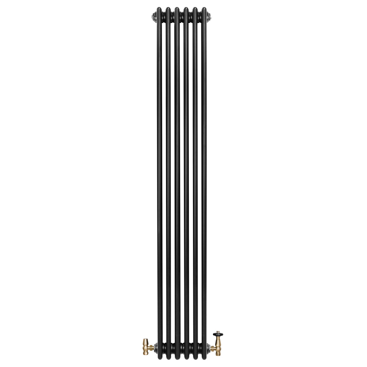 Radiatore tradizionale verticale a 4 colonne, finitura nera opaca, con valvole in ottone, design elegante e moderno per riscaldamento efficace