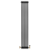 Radiatore tradizionale verticale a 4 colonne, finitura nera opaca, con valvole in ottone, design elegante e moderno per riscaldamento efficace