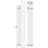 Radiatore tradizionale verticale a 4 colonne, finitura nera, dimensioni 1800 x 290 mm, con valvole e design elegante e moderno