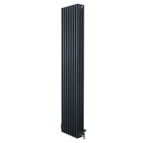 Radiatore tradizionale verticale a 4 colonne, grigio antracite, con finitura liscia e valvole, misura 1800 x 380 mm