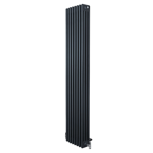 Radiatore tradizionale verticale a 4 colonne, grigio antracite, con finitura liscia e valvole, misura 1800 x 380 mm