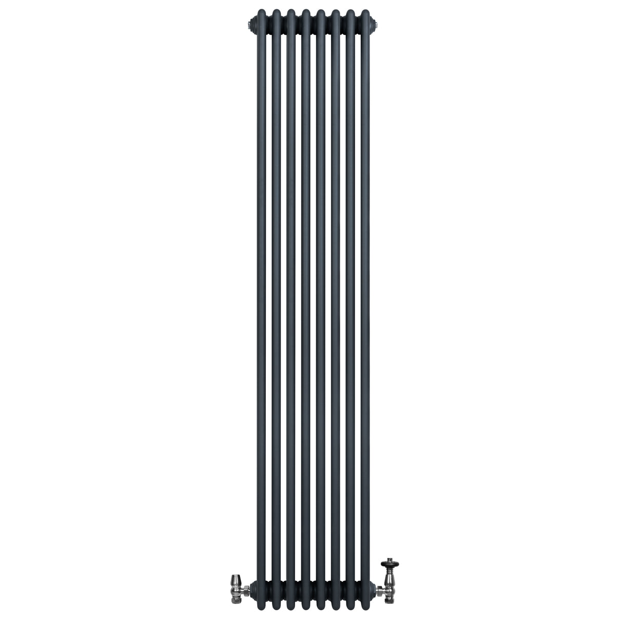 Radiatore tradizionale verticale a 4 colonne, finitura grigio antracite, con valvole, design elegante e linee moderne