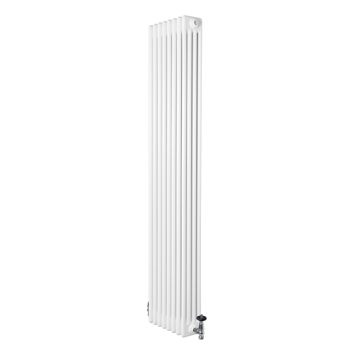 Radiatore tradizionale verticale a 4 colonne, finitura bianca, dimensioni 1800 x 380 mm, con valvole in metallo lucido e linee eleganti
