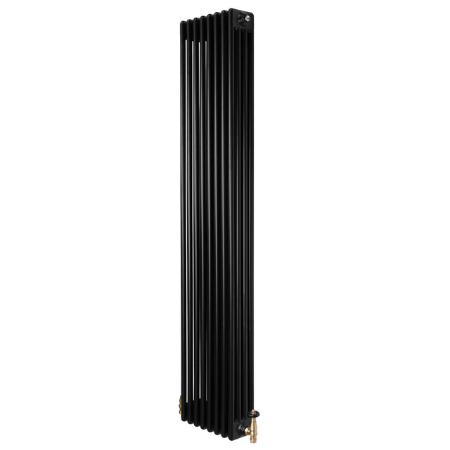 Radiatore tradizionale verticale a 4 colonne, finitura nera opaca, con valvole, design elegante e linee moderne, dimensioni 1800 x 380 mm