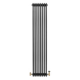 Radiatore tradizionale verticale a 4 colonne, finitura nera opaca, con valvole dorate, misura 1800 x 380 mm, design elegante e moderno