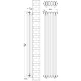 Radiatore tradizionale verticale a 4 colonne, colore nero, dimensioni 1800 x 380 mm, con dettagli tecnici e valvole integrate