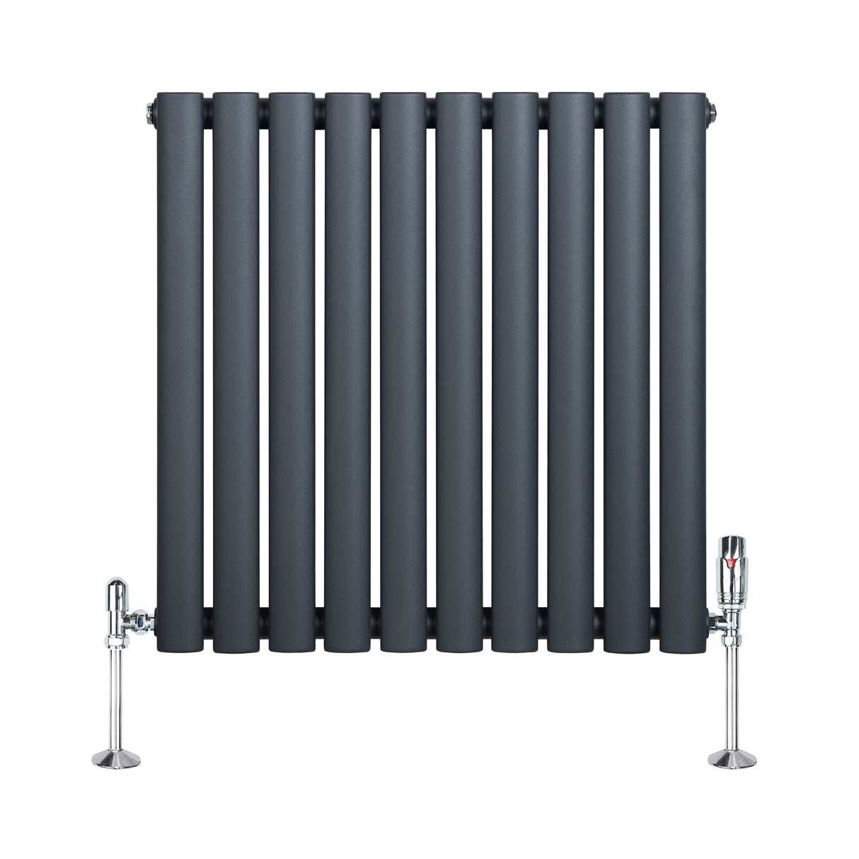 Radiatore orizzontale a colonna singola, 600 x 600 mm, colore antracite, con finitura liscia e valvole cromate ai lati