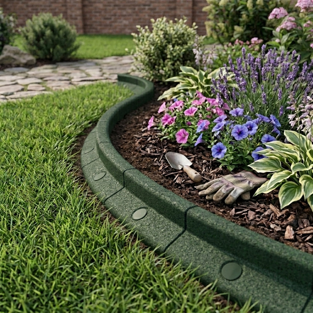 Curva di bordura verde in plastica che delimita un'aiuola fiorita con petunie e lavanda, guanti da giardinaggio e pietre decorative