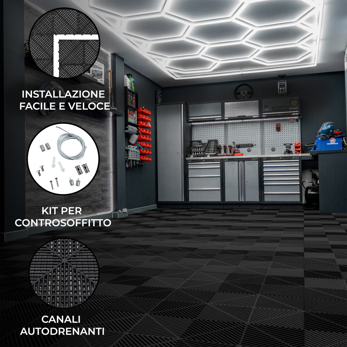 120 Piastrelle Modulari Nere + 14 Luci LED Esagonali 6500K